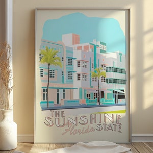 Florida The Sunshine State Poster Art Deco Retro Hand Drawn Wall Art Vintage Travel Decor Beach Print Miami Artwork Digital Download