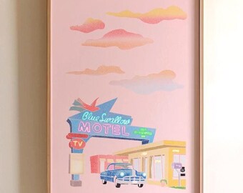 Route 66 Neon Sign Art Print: Vintage Motel Decor (Digital Download)