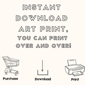 K&ouml;nnte beinhalten: Eine Schwarzwei&szlig;illustration, die die Schritte zum Kauf und Drucken eines digitalen Kunstdrucks zeigt. Die Illustration zeigt einen Einkaufswagen, einen Download-Pfeil und einen Drucker. Der Text lautet "INSTANT DOWNLOAD ART PRINT, YOU CAN PRINT OVER AND OVER!"