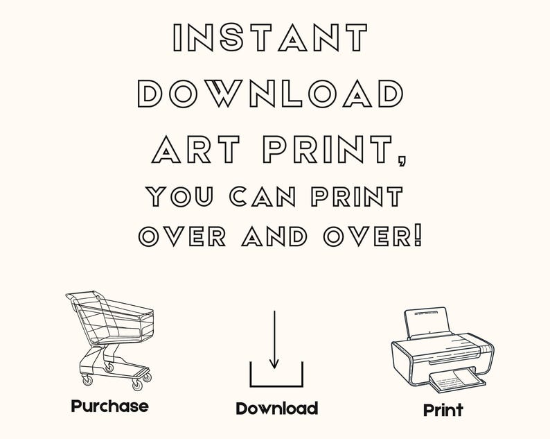 K&ouml;nnte beinhalten: Eine Schwarzwei&szlig;illustration, die die Schritte zum Kauf und Drucken eines digitalen Kunstdrucks zeigt. Die Illustration zeigt einen Einkaufswagen, einen Download-Pfeil und einen Drucker. Der Text lautet "INSTANT DOWNLOAD ART PRINT, YOU CAN PRINT OVER AND OVER!"