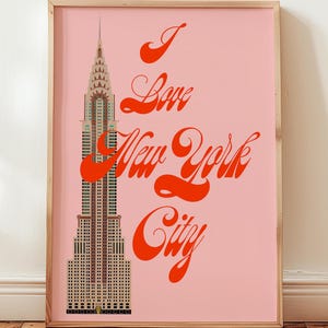 I Love NYC Print Pink New York City Art Calligraphy Print Vintage Retro New York Apartment Decor Cityscape Drawing Wall Art Instant Download