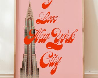 I Love NYC Print: Pink Retro New York City Art (Digital Download)