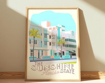 Art deco Miami print, retro Florida kunst, Miami art deco poster, Sunshine State muurkunst, roze en blauw decor, decor strandhuis, strand print