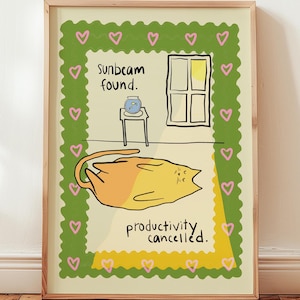 Charming Cat In The Sun Print, Minimalist Beige Print, Cat Poster Funny, Cat Wall Art, Cat Owner Gift, Sweet Cat Print, Original Artwork