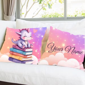 Personalized Dragon Cushion - 16&quot; Square, Pink & Lavender Fantasy Nursery Decor, Custom Name Pillow for Baby or Toddler Room, Book Dragon