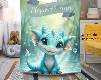 Manta Minky personalizada con diseño de dragón para bebé: decoración infantil de fantasía en azul agua
