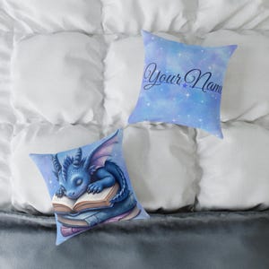 Personalized Blue Book Dragon Cushion - 16&quot; Square, Fantasy Nursery Decor, Custom Name Pillow for Baby or Toddler Room, Book Dragon