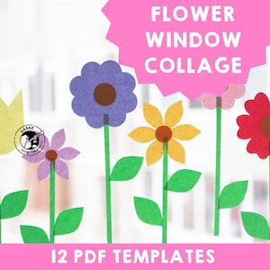 以下が含まれることがあります： 窓用の花のコラージュテンプレート12個セット。テンプレートには、黄色のチューリップ、紫の花、赤の花、茶色の芯のある黄色の花など、さまざまな色とりどりの花が描かれています。テンプレートは、あなたの家に春の息吹を加えるのに最適です。