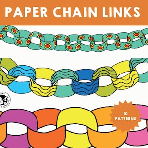 Könnte beinhalten: Drei Reihen bunter Papierkettenglieder mit verschiedenen Mustern. Die obere Reihe hat grüne Glieder mit roten Kreisen, die mittlere Reihe hat gelbe, grüne, blaue und hellblaue Glieder mit Wellenlinien und die untere Reihe hat rosa, orange und gelbe Glieder mit einem einfachen, geschwungenen Design. Der Text "10 PATTERNS" befindet sich in einer Sternform.