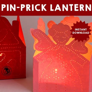 Può includere: Due lanterne di carta rosse con disegni a puntini. Una lanterna ha la forma di una casa e l'altra ha la forma di un angelo. Le lanterne sono illuminate dall'interno, creando un bagliore caldo. Il testo "INSTANT DOWNLOAD" è visibile nell'angolo in alto a destra dell'immagine.