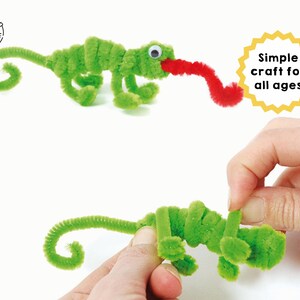 May include: Two green pipe cleaner chameleons, one with a red pipe cleaner tongue sticking out. The text "Simple craft for all ages" is on a yellow starburst.