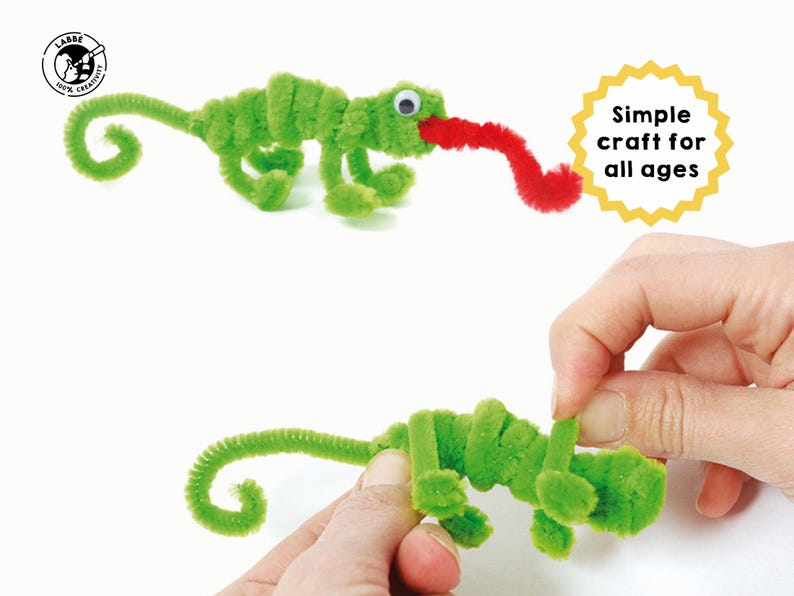 May include: Two green pipe cleaner chameleons, one with a red pipe cleaner tongue sticking out. The text "Simple craft for all ages" is on a yellow starburst.
