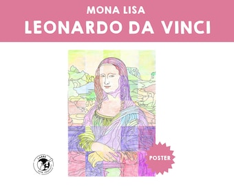 May include: A colorful line art illustration of the Mona Lisa painting by Leonardo da Vinci. The image is in a grid pattern with a pink, yellow, green, and blue color scheme. The title "Mona Lisa" and "Leonardo da Vinci" are at the top of the image. The word "Poster" is in a pink circle at the bottom right of the image.