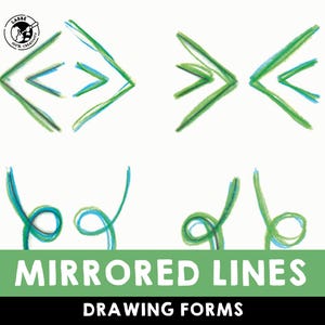 May include: An illustration of mirrored lines drawing forms in green and blue on a white background. The image features four abstract designs, with the text "MIRRORED LINES" and "DRAWING FORMS" in a green banner.