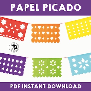May include: A printable PDF download of a colourful paper picado banner with different patterns. The banner is made of six flags with scalloped edges and various cut-out designs. The flags are red, orange, yellow, purple, green, and blue. The text "Papel Picado" is at the top of the image and "PDF Instant Download" is at the bottom.
