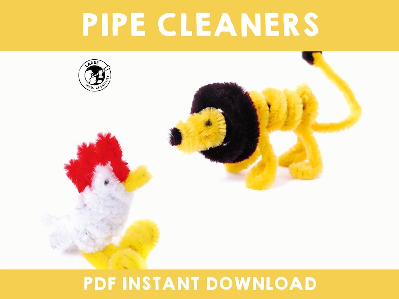 May include: A printable PDF download for a craft project using pipe cleaners to make a lion and a chicken. The lion is yellow with a black mane and a long tail. The chicken is white with a red comb and yellow feet.
