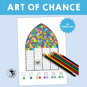 Può includere: Un foglio bianco con un disegno di vetrata, dadi e matite colorate. Il foglio ha il testo "ART OF CHANCE" in alto e "06 TEMPLATES" in una stella blu. Un dado è sul foglio e un set di matite colorate è a destra.