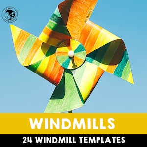 Molinos de viento / Plantillas de molinos de viento para hacer uno mismo / Manualidades de papel / 24 diseños de molinos de viento / Actividad para niños y familias / Proyecto de manualidades