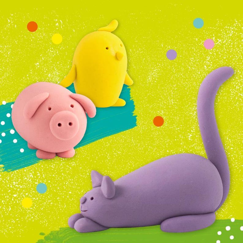 May include: Three colorful play dough animals: a yellow chick, a pink pig, and a purple cat. The animals are made of play dough and have a textured surface.