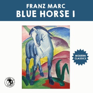 Puede incluir: Una pintura de Franz Marc titulada "Caballo azul I" representa un caballo azul de pie en un campo de colinas verdes, amarillas, rojas y moradas. La pintura es un ejemplo clásico del expresionismo.