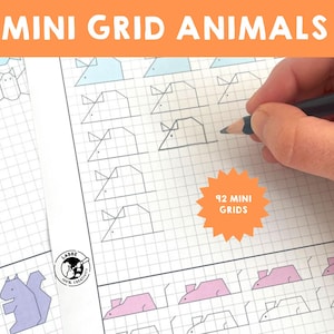 May include: A black and white gridded notebook with 92 mini grids for drawing animals. The notebook has a title that says "Mini Grid Animals". A hand is drawing on the notebook with a pencil.