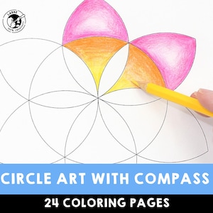 May include: A black and white geometric design with overlapping circles. The design is being colored in with yellow, orange, and pink colored pencils. The text "CIRCLE ART WITH COMPASS 24 COLORING PAGES" is at the bottom of the image.