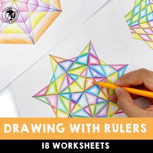 Peut inclure: Un ensemble de 18 feuilles de travail pour dessiner des formes géométriques à l'aide d'une règle. Les feuilles de travail présentent des formes géométriques colorées avec des lignes et des points à relier. L'image montre une main utilisant une règle pour dessiner une forme géométrique colorée.