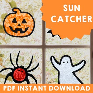 May include: A window with four Halloween-themed suncatchers: a pumpkin, a spider, a ghost, and a bat. The suncatchers are made of translucent paper with a textured surface. The text "SUN CATCHER" is written in orange on a white background.