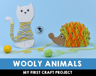 May include: A craft project for making woolly animals. The image shows a cardboard cat and hedgehog covered in colourful yarn. The yarn is attached to the animals with glue. The project is titled "Wooly Animals: My First Craft Project".