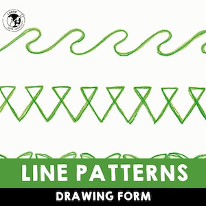 May include: A green line drawing of three different patterns. The first pattern is a wavy line. The second pattern is a series of triangles. The third pattern is a series of small circles. The text "LINE PATTERNS" is written in green letters on a green rectangle. The text "DRAWING FORM" is written in black letters below the green rectangle.