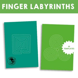 May include: Two green cards with white dotted lines forming a maze and a triple spiral design. The text "Finger Labyrinths" is at the top of the cards. The text "16 Templates" is on the right card.