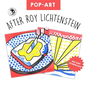 May include: Two printable pop art style coloring pages inspired by Roy Lichtenstein. One page features a slice of bread with yellow butter and blue and red accents. The other page features a yellow and white sunburst with red and blue accents. The text "POP-ART AFTER ROY LICHTENSTEIN" is at the top of the image. The text "INSTANT DOWNLOAD" is in a red starburst shape.