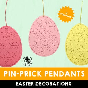 May include: A set of 12 pink and yellow Easter egg shaped pin-prick pendants. The pendants are decorated with a variety of patterns and are ready to be used for Easter decorations.  The text "12 PENDANTS" is visible in the image.