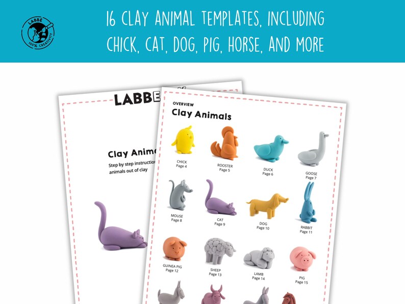 May include: A printable PDF guide with 16 clay animal templates, including a chick, rooster, duck, goose, mouse, cat, dog, rabbit, guinea pig, sheep, lamb, pig, donkey, bull, and horse. Each animal template has a color illustration and a page number.