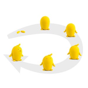 May include: A yellow clay figure in different poses, forming a circle. The figure is a simple, cartoon-like representation of a bird.