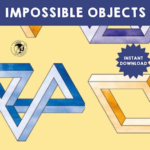 May include: A set of three impossible objects, each with a different color scheme. The first object is blue and white, the second is orange and white, and the third is purple and white. The objects are all drawn in a watercolor style.