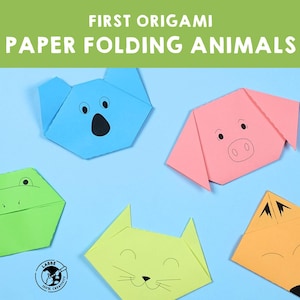 May include: Origami paper animals in blue, pink, green, yellow, and orange. The image includes a koala, pig, frog, cat, and fox. Text at the top reads "FIRST ORIGAMI PAPER FOLDING ANIMALS". The background is light blue.