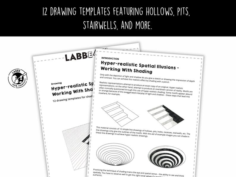 May include: Two white sheets of paper with drawing templates for hyper-realistic shading. The text on the top reads "12 DRAWING TEMPLATES FEATURING HOLLOWS, PITS, STAIRWELLS, AND MORE."