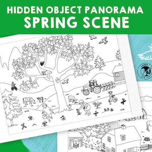 Może przedstawiać: Czarno-biała ilustracja wiosennej sceny z ukrytym obiektem panoramy. Scena zawiera duże drzewo, traktor, dom i różne zwierzęta. Tekst "HIDDEN OBJECT PANORAMA SPRING SCENE" znajduje się w górnej części obrazu.