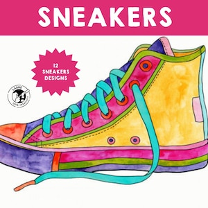 Puede incluir: Una ilustración colorida de una zapatilla de caña alta con un diseño amarillo, rosa, verde y azul. Los cordones son azules y la suela es morada. El texto "12 Sneakers Designs" está en un gráfico en forma de estrella.