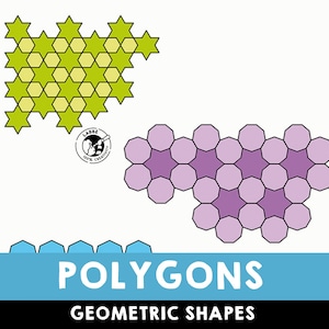 May include: A graphic showing different polygons, including hexagons, stars, and pentagons. The polygons are arranged in a honeycomb pattern and are colored in shades of green, purple, and blue. The text "POLYGONS GEOMETRIC SHAPES" is displayed at the bottom of the image.