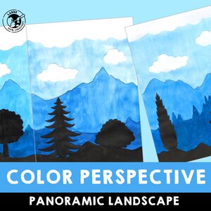 Puede incluir: Una pintura de acuarela de un paisaje panorámico con montañas azules, nubes blancas y árboles en silueta negra. El texto "COLOR PERSPECTIVE PANORAMIC LANDSCAPE" está en la parte inferior de la imagen.
