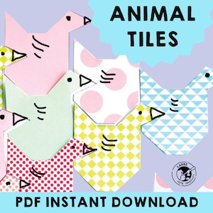 May include: A set of printable animal tiles featuring a variety of colorful birds with geometric patterns. The tiles are labeled "ANIMAL TILES" and include the text "PDF INSTANT DOWNLOAD".
