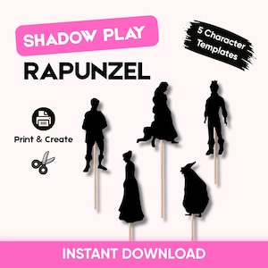 Pode incluir: Cinco modelos de personagens em silhueta preta para teatro de sombras com temas da Rapunzel. O conjunto inclui figuras em palitos, com o texto SHADOW PLAY, RAPUNZEL, 5 Character Templates, Print & Create e INSTANT DOWNLOAD.