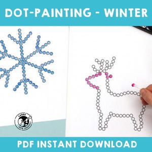 May include: Two printable dot-to-dot coloring pages featuring a snowflake and a reindeer. The pages are titled "DOT-PAINTING - WINTER" and include the text "PDF INSTANT DOWNLOAD".
