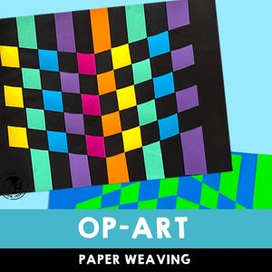 Puede incluir: Un proyecto de tejido de papel colorido con un patrón a cuadros en tonos de verde, azul, morado, amarillo, naranja y rosa. El tejido está sobre un fondo negro. El texto "OP-ART PAPER WEAVING" está debajo de la imagen.