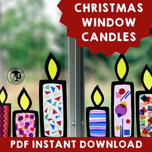 May include: A printable PDF download for making Christmas window candles. The image shows six colorful candles with geometric patterns on a window.