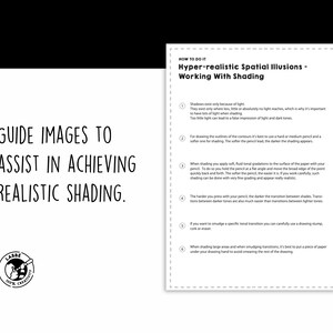 May include: A black and white guide for hyper-realistic shading techniques. The text reads "Guide images to assist in achieving realistic shading." A detailed instructional sheet is included, offering tips on shading with pencils.