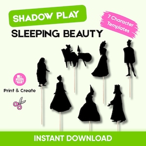 Pode incluir: Um conjunto de sete modelos de personagens em silhueta preta para um teatro de sombras da Bela Adormecida. O arquivo digital inclui o texto SHADOW PLAY, SLEEPING BEAUTY, 7 Character Templates, Print & Create e INSTANT DOWNLOAD com um ícone de tesoura.