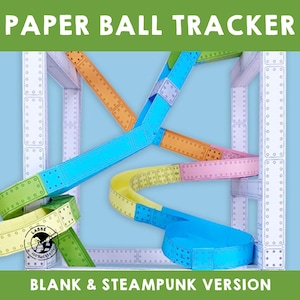 Könnte beinhalten: Papier-Kugelbahn mit Steampunk-Design. Die Bahn besteht aus Papier und ist zum Zusammenbauen gedacht. Die Bahn ist in verschiedenen Farben gehalten, darunter Blau, Gelb, Grün, Rosa und Orange. Die Bahn ist für die Verwendung mit einer kleinen Kugel konzipiert.
